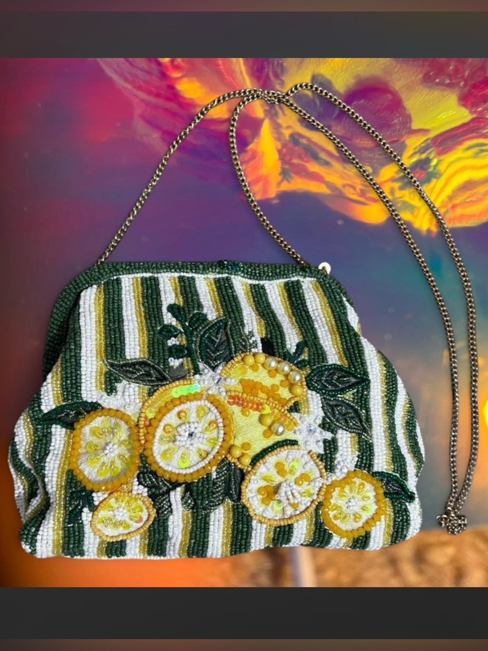 🍋NWT Beaded Lemons with Green, Yellow & White Stripes Crossbody Bag small